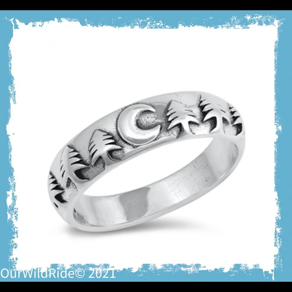 Sterling Silver‎ Crescent Moon & Trees Ring
